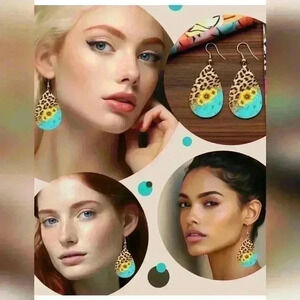 Southwestern animal and sunflower printed tear drop pendant earrings